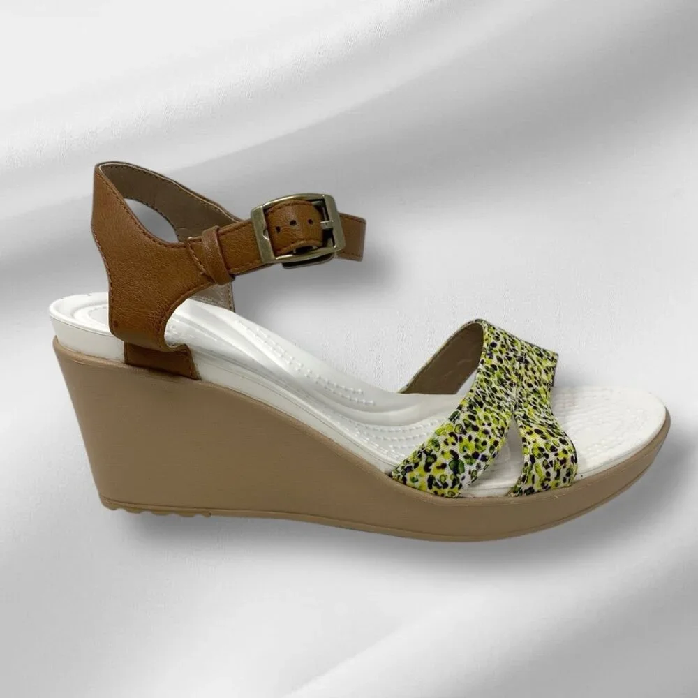 NEW Crocs Women's Leigh‎ II Ankle Strap Stylish Graphic Print Wedges Size 10